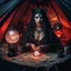 Placeholder: Hyper Realistic photographic-view of Wicked-&-Beautiful-Fortune-teller-with-glowing-red-eyes wearing black-beed-necklace-&-bracelet angrily Looking at her crystal-ball glowing magically & sitting in her tent with a horrifying-black-cat at dark-night decorated with fancy-traditional-feathers, tarot-cards-&-mini-crystals showing dramatic & cinematic ambiance