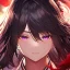 Placeholder: Clear focus,High resolution,8k, Beatiful Lighting, black short fluffy hair, long fluffy bangs, purple eyes, wearing a miko outfit, extreme close up