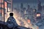 Placeholder: a man, a small robot cat, cyberpunk, looking out a window at the city, fog, hovering cars, comic book art style, shirt, jeans, night time,