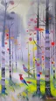Placeholder: A light palish violet foggy forest with birds painted by Wassily Kandinsky
