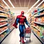 Placeholder: A superhero with a shopping cart is shopping in a supermarket.