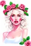 Placeholder: photoreal beautiful woman has a crown of roses on her head, bright green-blue eyes, white clean skin, raspberry lips, wavy hair