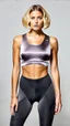 Placeholder: photography of a beautiful anorexic woman, grey satin triathlon top, sports illustrated, blond short wavy bob haircut, pronounced sternum, flat chest, anthracite cycling leggins