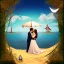 Placeholder: 2 lovers last kiss in sand island with tent and river background