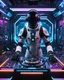 Placeholder: An astronaut playing turntable as DJ player in futuristic, sci-fi armor ,positioned in front of a complex control panel filled with various buttons and switches that are also illuminated, in a background resembling a corridor or chamber adorned with neon lights creating a sci-fi atmosphere, with more neons light colors,play music dj player