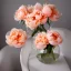 Placeholder: cinematic shot of peonies made from peach tulle in a glass bowl, warm lighting, soft lighting, sunbeam