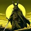 Placeholder: cape hare humanoid, shadowy desert wanderer, black fur, wielding two identical short curved daggers, persian style muted yellow color cloak with ears folded into the hood, night time, thematic tone wash, characteristic comic style