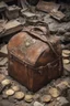 Placeholder: in the BASEMENT there is an old, broken brown oblong leather chest with short handles, from which gold coins from the time of Catherine the Great fall out. The ancient coat of arms of tsarist Russia, the double-headed eagle, is BARELY VISIBLE on the bag. There are a lot of broken bricks and earth around the bag. All in high quality 8K