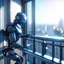 Placeholder: ninja robot cleaning windows on balcony, 8k, down-light, soft light, depth of field, photo realism, trending on art station, high detail