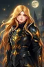 Placeholder: SUPER PRETTY GIRL, DRESSED WITH A BLACK-GOLD SMALL ARMOUR, GOLDEN LONG HAIRED, GOLDEN EYES, GREATH SMILE, BIG BUBS, NICE BODY, STAY ON DARKNESS CASTLE, STARS SKY, MOON, LEGENDARY WARRIOR, POWERED GIRL, A GOLDEN GLOW AROUND HER BODY.