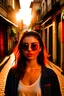 Placeholder: A photo of a brunette athletic student in large sunglasses in an alley in Istanbul at sunset, wearing natural makeup.