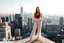Placeholder: a beautiful lady with full makeup in top and lace loose pants,high heels ,long hair, standing on roof of a skyscapper in modern city