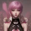 Placeholder: Detailed cute anime rabbit girl, pink hair buns, pink bangs, black latex bodysuit, intricate details, full body portrait, keep head in frame, slight smile, black Japanese motif, concept art, highly detailed, digital painting, concept art, sharp focus, illustration, art by Yoji Shinkawa, WLOP and greg rutkowski and alphonse mucha and artgerm and yanjun Chen and Junji ito and Makoto Shinkai, HDR, octane render