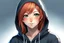 Placeholder: An anime young adult female with medium length bright red hair, she has brown eyes, wearing a black hoodie, realistic, slight smile