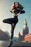 Placeholder: retro portrait image from 1960, Moscow background, wind, long red hair, fighting stance, sweet young Scarlett Johansson, black dress, classic tight lycra black suit, weapon, gold bracelet and belt, high heel boots, soft color, highly detailed, unreal engine 5, ray tracing, RTX, lumen lighting, ultra detail, volumetric lighting, 3d, finely drawn, high definition, high resolution.