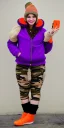 Placeholder: Brunette taking selfie.thick thighs,thick calves,flat belly,curvy fell. big head. Mantle is sewed of upcycled Denim and sewed together of camouflage pieces. Pieces' color are orange, cream and purple. It is with big bright purple felt tippet and birght-colored-hood is merged with colorful beanie. Big colored headphones (gold rings!) is merged with small felt cap with small visor. Style: Haute Couture in 1950's Africa, N.Y.C fashion in 2023