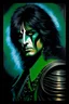 Placeholder: Head and shoulders image - oil painting by Scott Kendall - pitch Black solo record album with florescent emerald back lighting - 30-year-old Peter Criss (Drummer) with shoulder length, wavy, straight black and gray hair, with his face made up to look like a cat's face - in the art style of Boris Vallejo, Frank Frazetta, Julie bell, Caravaggio, Rembrandt, Michelangelo, Picasso, Gilbert Stuart, Gerald Brom, Thomas Kinkade, Neal Adams, Jim Lee, Sanjulian, Thomas Kinkade, Jim Lee, Alex Ross,