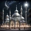 Placeholder: Hyper Realistic Silver Mosque with beautifully-crafted-domes-&-minarets & light-lamp-stand at beautiful dark night with stars on sky & few men worshiping