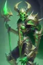 Placeholder: Demonio futurista en armadura verde con dorado y un casco de craneo verde empuñando una lanza