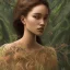 Placeholder: Painting .the face of A young black woman. A wood nymph emerging from the forest. Her hair looks like leaves. Her skin looks like tree bark. Her clothing is made of vines, grass and hair