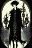 Placeholder: 17 year old boy, necromancer, friendly, looks dead, surrounded by weird smoke with eyes, wearing black robes, in the style of Harry Clarke