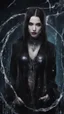 Placeholder: Full body and headshot of a young gothic woman dressed in clothing dripping like liquid, with no hat, with a multiverse background