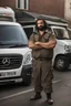 Placeholder: portrait photography of a 38 year old ugly beefy burly turkish plumber, wearing his work unbuttoned uniform, bulge, leaning with his back to his van, arms folded and angry look, , hairy chest, big belly, very virile, long black beard, shaved hair, sweat, , in a sunny street, photorealistic