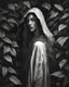 Placeholder: Eve in the garden of Eden, with long hair, at night ,wearing a hooded robe of leaves, Chiaroscuro, hyper realism, realistic, highly detailed, high contrast black and white, sharp, dark