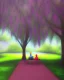 Placeholder: park mystical dream, park bench, man, woman, child, dog, trees, path, bird, sunshine, mystical, fantasy, romanticism, pastel colors, daylight, daytime, acrylic painting, detailed, soft focus,