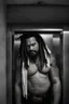 Placeholder: half figure shot photography of two ugly gypsies close, face to face, 30 years old with dreadlocks, overweight muscular chubby, tattoo, beard, bullneck, shirtless, manly chest, hairy torso , embraced, broken short pants,, angry eyes, in an elevator, top light, ambient occlusion, photorealistic, side view from the ground