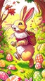 Placeholder: Easter bunny adventure, art, drawing, very illustrative, children book style, detailed, vibrant colors.