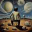 Placeholder: person alone in planet,cover art, surrealist painting called 'today I am thinking about time by dali and picasso and magritte and Breughel