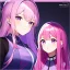 Placeholder: Clear focus, 8k, beautiful lighting, vibrant colors, girl, pink hair, long hair, vibrant purple eyes, same twins, same clothes,