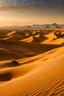 Placeholder: The iconic sand dunes of the Sahara Desert near Merzouga at sunset. Detailed, hyper-realistic rendering. The golden sand dunes stretch far into the horizon, their smooth curves seeming to glow under the fading sunlight. A caravan of camels can be seen in the distance, dwarfed by the immense scale of the desert.