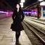 Placeholder: A beautiful slender young Asian woman with short black hair and a black trench coat, waiting for a man at night at a train station in London