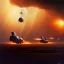 Placeholder: dramatic atmospheric Chris Foss painting of a space explosions battle scene with an armored VTOL hovercraft with gun turret in the desert with stormy sky and a duststorm