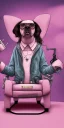 Placeholder: Snoop dogg, sitting. a chair. pink houses, pink sky, pink smoke, trees, outdoors. Groove street. 28mm