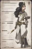 Placeholder: A dnd character sheet. A woman dressed for the cold north in black and white furs, with black hair and gold eyes.