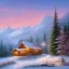 Placeholder: landscape mountain small cabin snow, oil painting, pink, blue, white colors, bob ross style, detailed