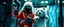 Placeholder: frankie picks up and carries rasta bad ass criminal frost cyberpunk bard into hi tech glass elevator, he give a thumbs up with blue driving glowes, holding an calm big eskimo dog bear on a leash