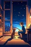 Placeholder: A anime boy is in his room with his dog. and the boy is working something on a gaming laptop, while his dog is on the windowsill enjoying the night sky with stars