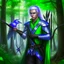 Placeholder: Please create an image for a young elven male with light brown skin, silver hair, and green eyes. He is standing outside in the forest during springtime, wearing leather armor and wielding a large crossbow. He is accompanied by a small mechanical bird, a walking suit of armor, and an owl