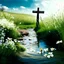 Placeholder: Christian Cross by a beautiful stream, field in the background with wild flowers