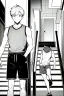 Placeholder: a boy in shorts sleeveless shirt climbs the stairs, greyscale