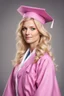 Placeholder: Een dom blondje die haar dokterdiploma heeft gekregen dankzij CHATGPT. Straalt domheid uit. Haar graduation outfit is volledig roze. Karikaturaal, carnavalesk, er zijn dokterattributen, denk legally blind en greys anantomy Dokter moet duidelijk zijn