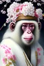 Placeholder: Beautiful japanese macaque in thermal water portrait wearing japanese style headress camelia and cherry blossom floral, black beads, white snowy earls headdress, organic bio spinal ribbed detail of snowy japanese floral costume, background extremely detailed hyperrealistic concept art