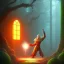 Placeholder: spray painting fantasy art, angry monk breaking through glass brick wall standing in portal to steamy forest world from dry desert world,poetry book illustration