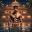 Placeholder: Hyper Realistic handsome Young shirtless muscular short hair Indian king bathing in a lake outside traditionally beautiful Indian palace at night