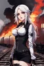 Placeholder: close-up gothic anime girl, white hair, tight outfit with gun on thigh, standing on a train track, smoke and fire surroundings, she is dull and dark, looks determined , train approaching behind her, poeti style