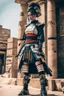 Placeholder: woman in retro-futurist samurai costuming standing while leaning to the side against a stone pillar of a Egyptian + cyberpunk post apocalyptic building